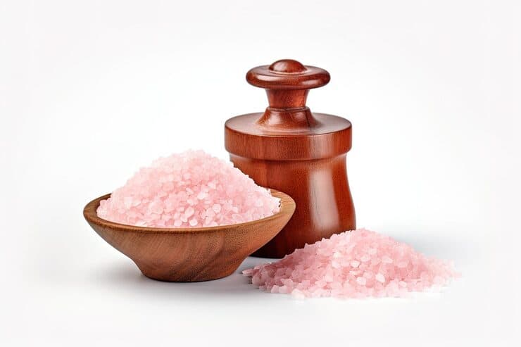 Bowl of Himalayan pink salt beside a wooden grinder on a white background