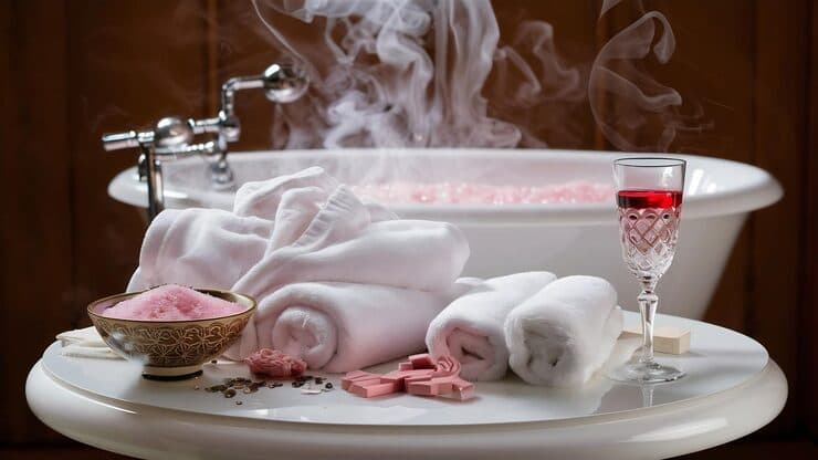 Pink Himalayan bath salt and bath tools arranged on a white surface