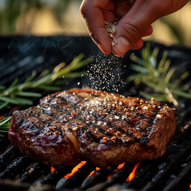 Steak searing on a hot grill with flames in the background
