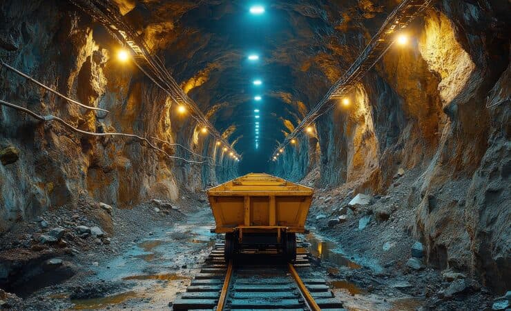 Mine tunnel with rail tracks and illuminated carriages