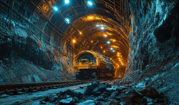 Underground mining tunnel with industrial equipment and lighting