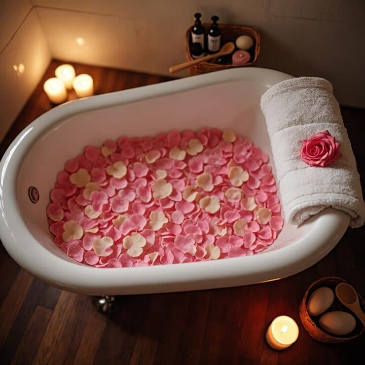Prepared bathtub with warm water, candles, and bath setup