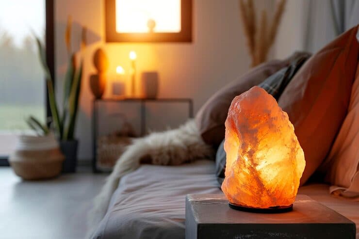 Bedroom interior with a salt lamp providing ambient lighting