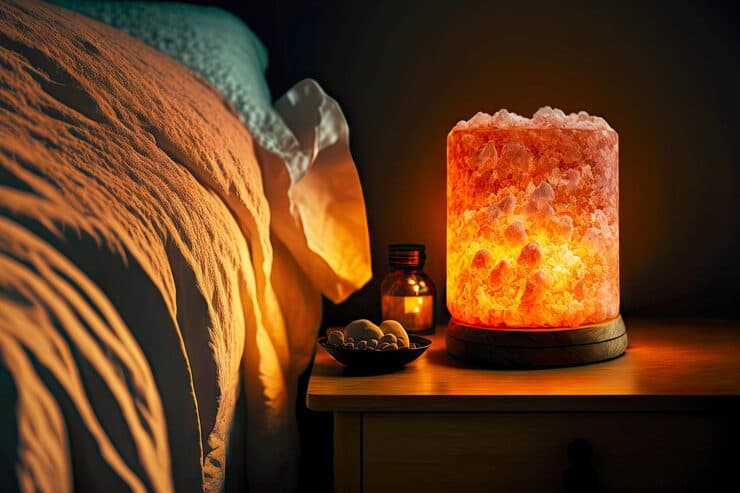 Himalayan salt lamp on a wooden pedestal beside a bed